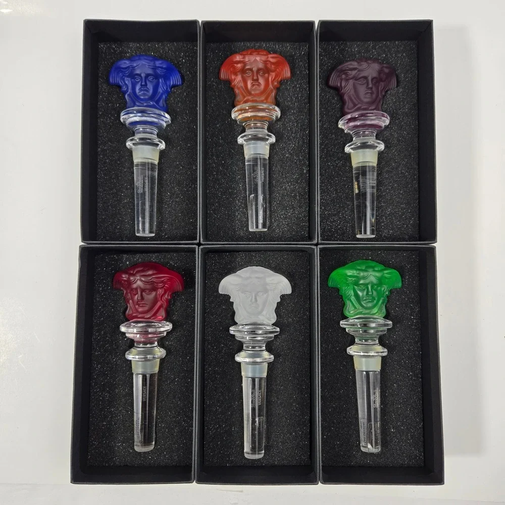 Set of 6 Rosenthal Versace Medusa Crystal Wine Bottle Stoppers Full Rainbow NIB